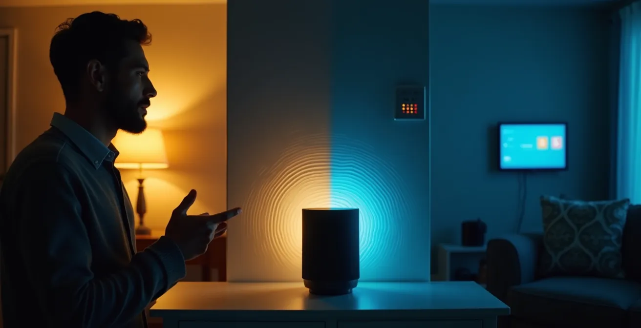 Démonstration visuelle des risques de sécurité liés aux assistants vocaux dans une maison connectée