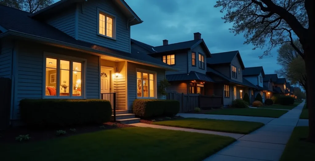 Maison vue de l'extérieur au crépuscule avec simulation de présence par éclairage intelligent Maison vue de l'extérieur au crépuscule avec simulation de présence par éclairage intelligent
